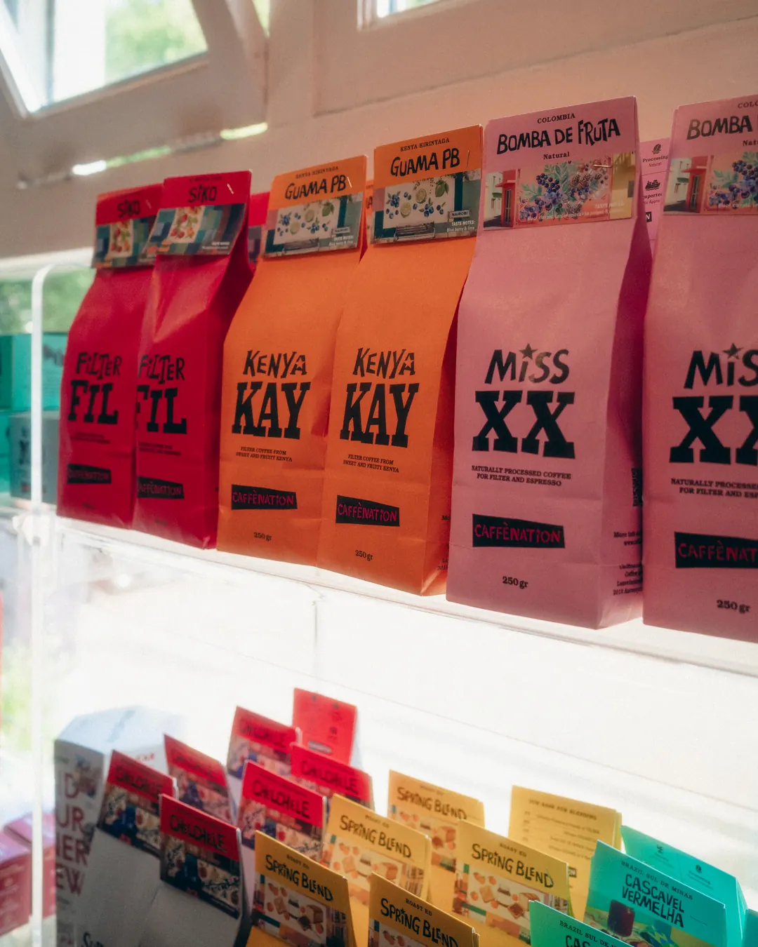 Bags of Caffènation specialty coffee for sale in the shop