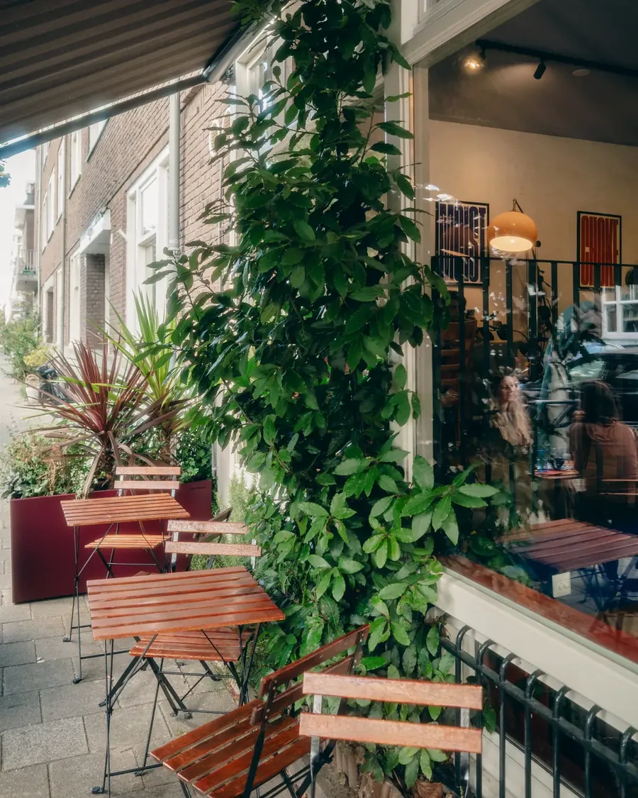 Terrace tables among the plants outside Warmondstraat 120