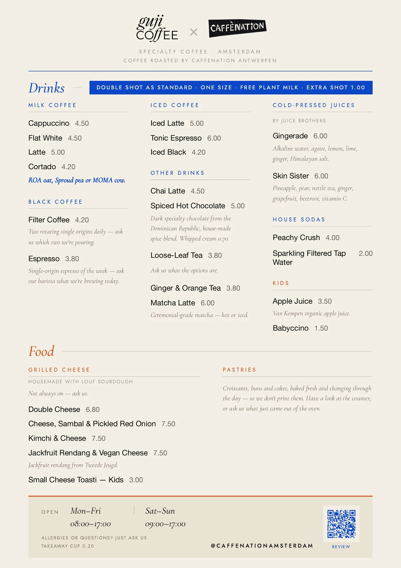 Menu — Caffènation by Guji: coffee, iced drinks, juices and toasties with prices