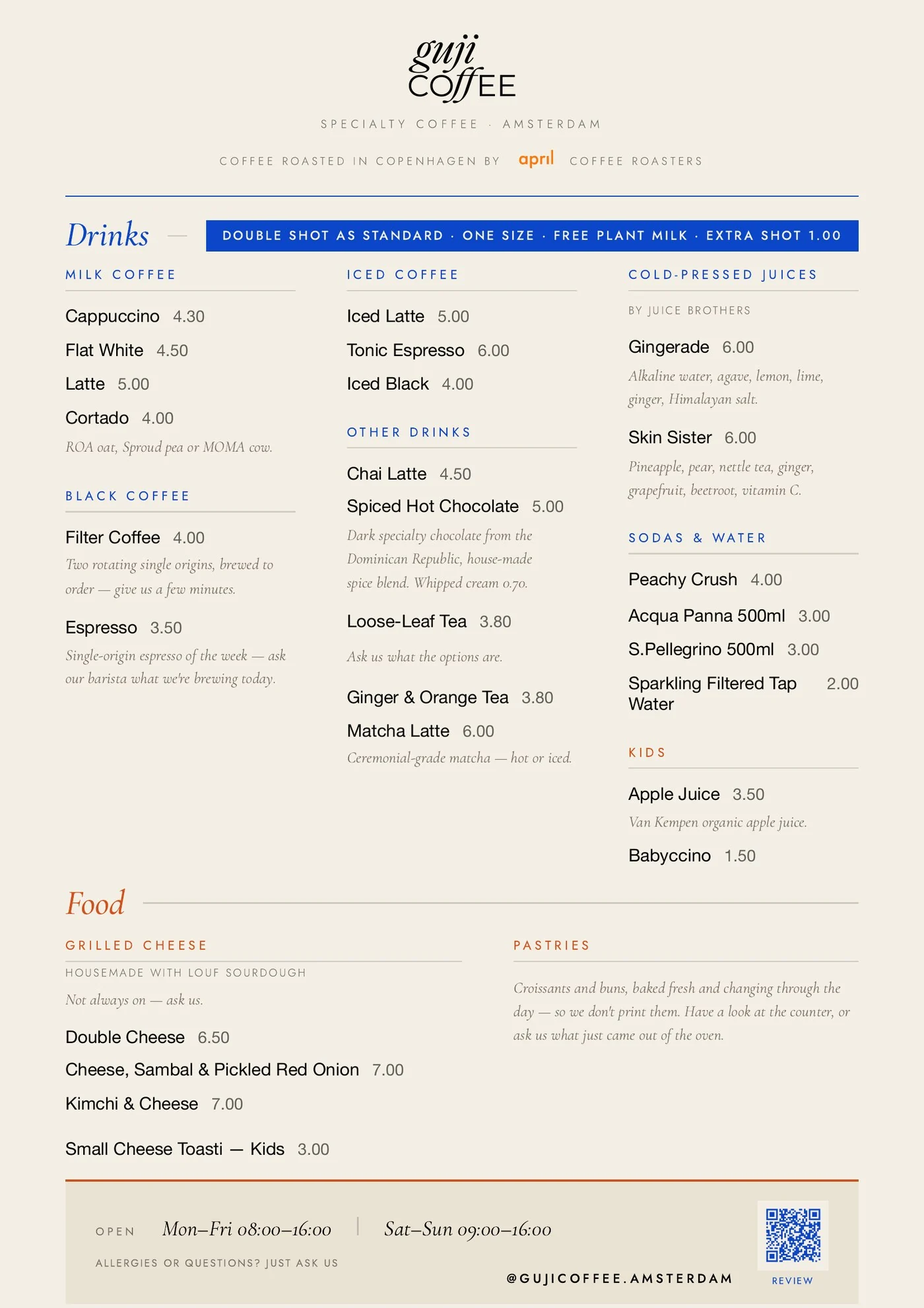 Menu — Guji Coffee Kiosk, Zoutkeetsplein 9: coffee, iced drinks, juices and toasties with prices